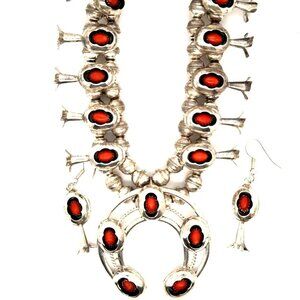 Stunning Navajo Sterling Squash Blossom Coral Set